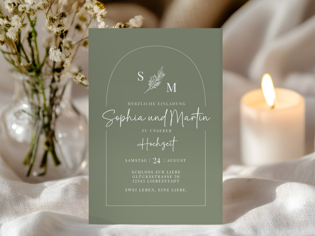 Gr&uuml;ne Hochzeitseinladungskarte mit schlichtem Design